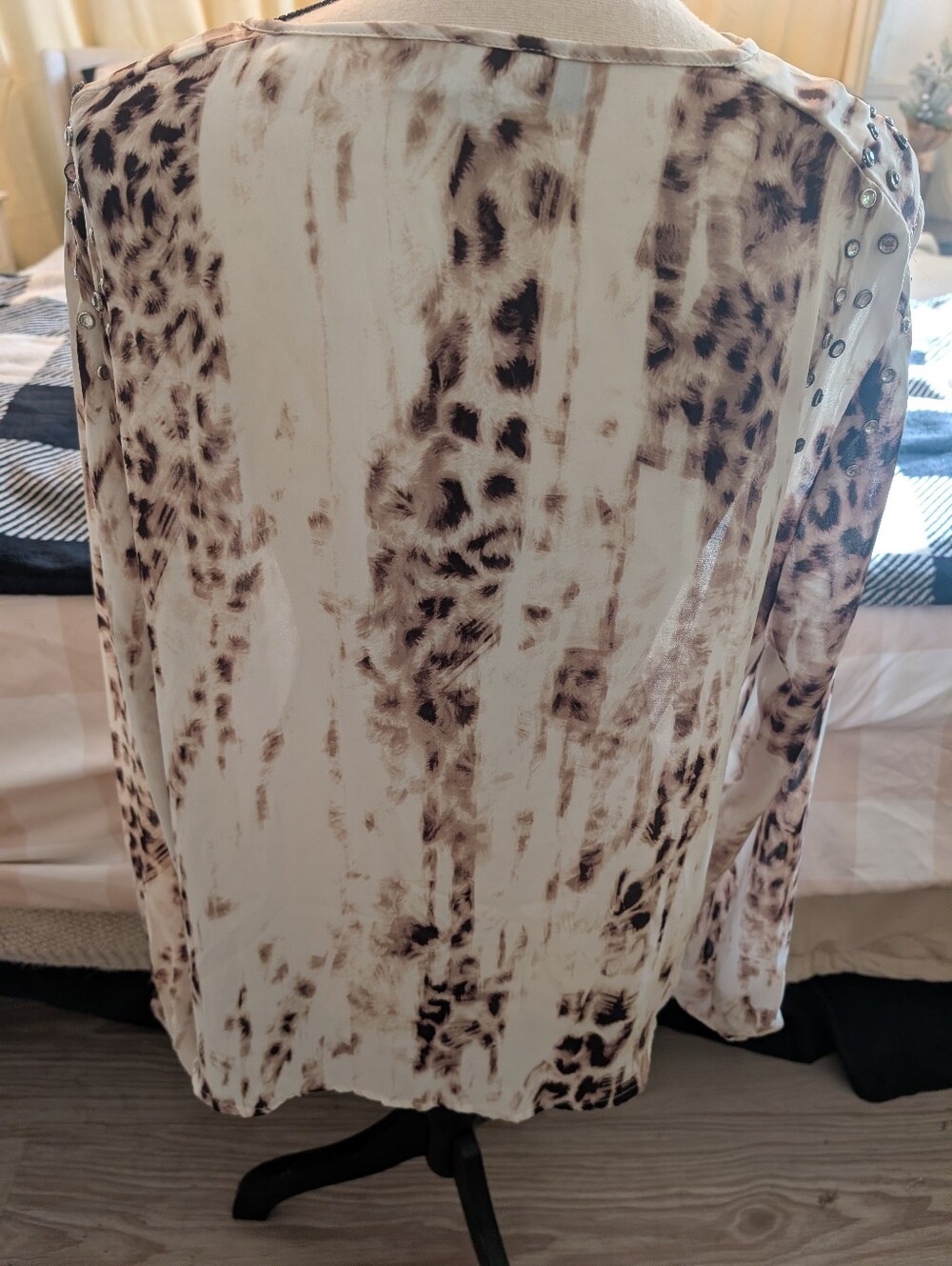 Jennifer Lopez Cream and Brown Printed Button-Front Blouse with Stud Accents - Picture 3 of 3